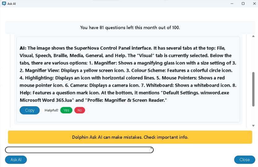 Screen shot of the AI response to a query askiing it to describe the SuperNova Control Panel interface